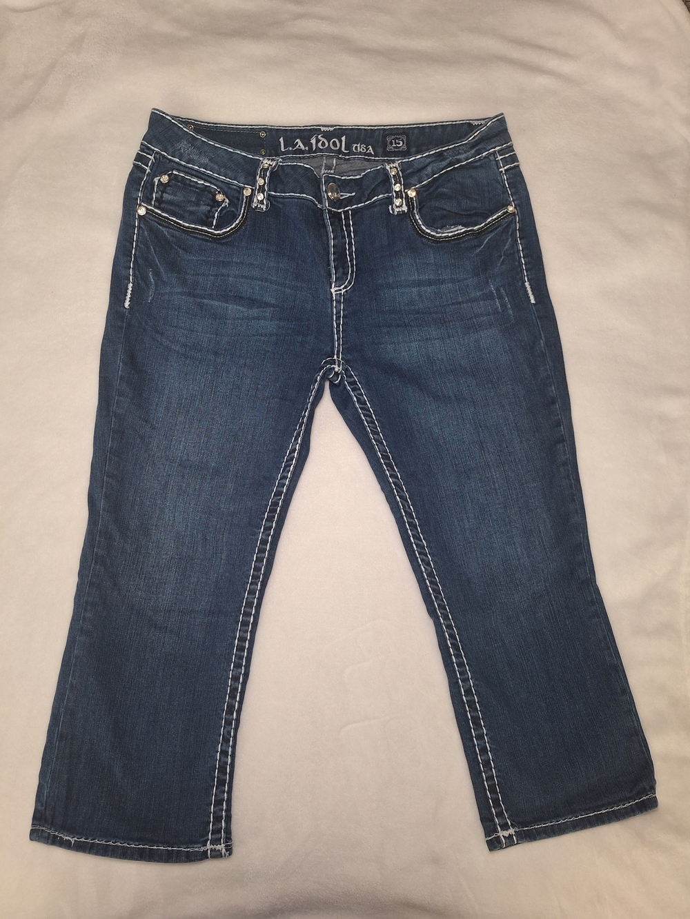 L.A. idol Dark Blue Cropped Jeans with White Contrast Stitching